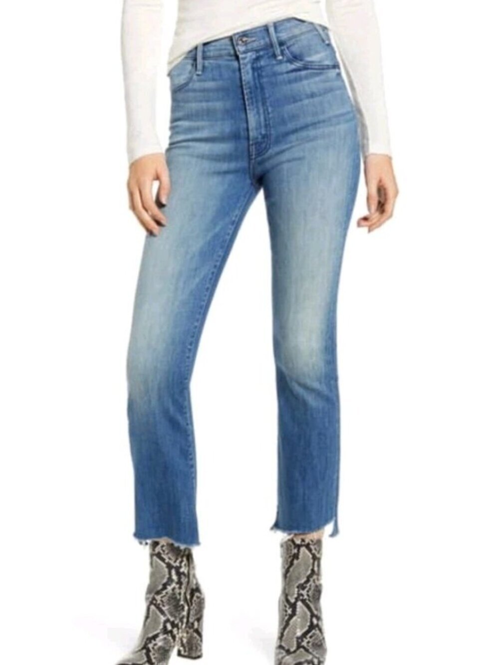 MOTHER The Stunner Two Step Fray Jeans 24 Runaway Train Raw Hem Blue Denim